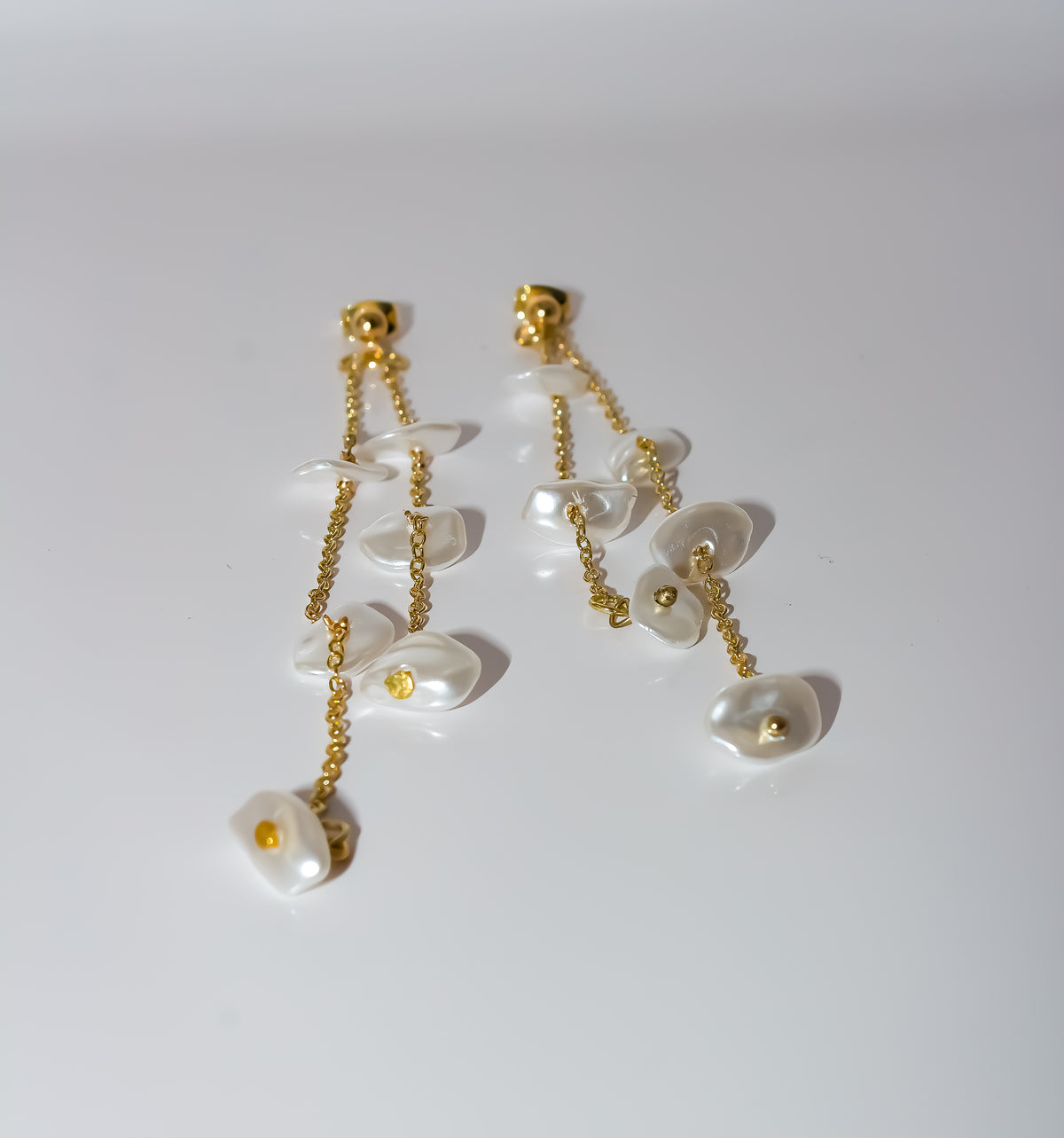 Gold Keishi Pearl Double Strand Dangle Earrings