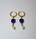 Gold Huggie Hoop Earrings with Cobalt Blue Glass and Pearl Drop