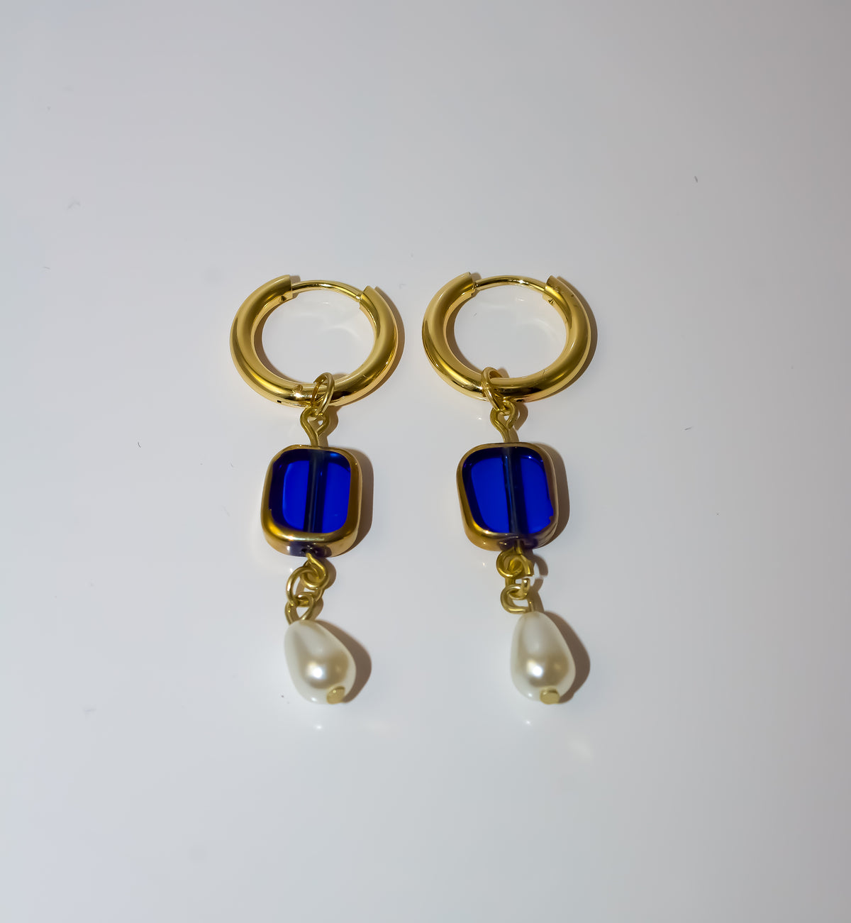 Gold Huggie Hoop Earrings with Cobalt Blue Glass and Pearl Drop