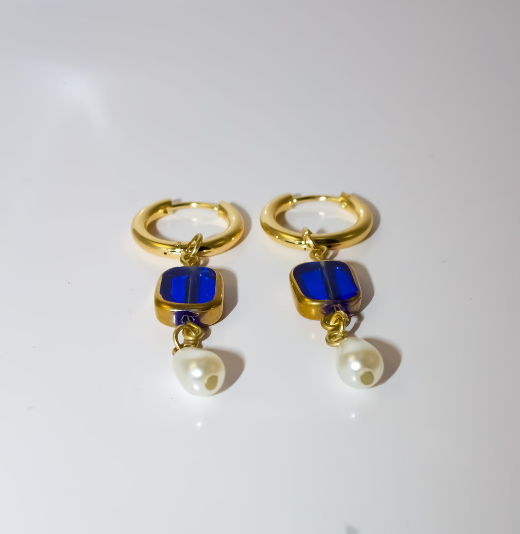 Gold Huggie Hoop Earrings with Cobalt Blue Glass and Pearl Drop