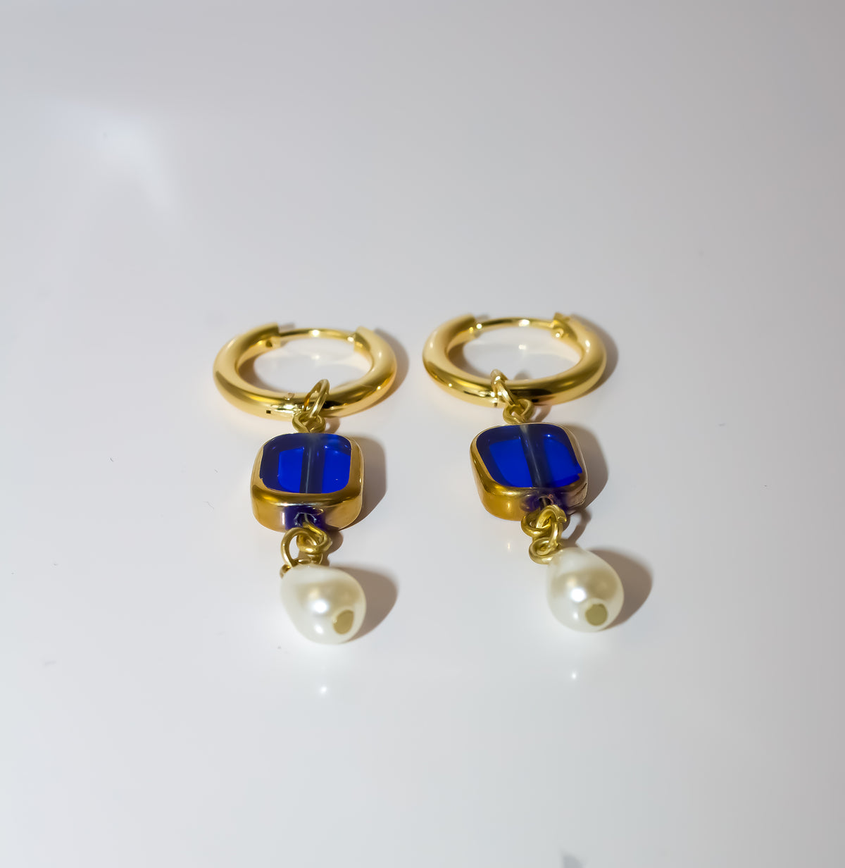 Gold Huggie Hoop Earrings with Cobalt Blue Glass and Pearl Drop