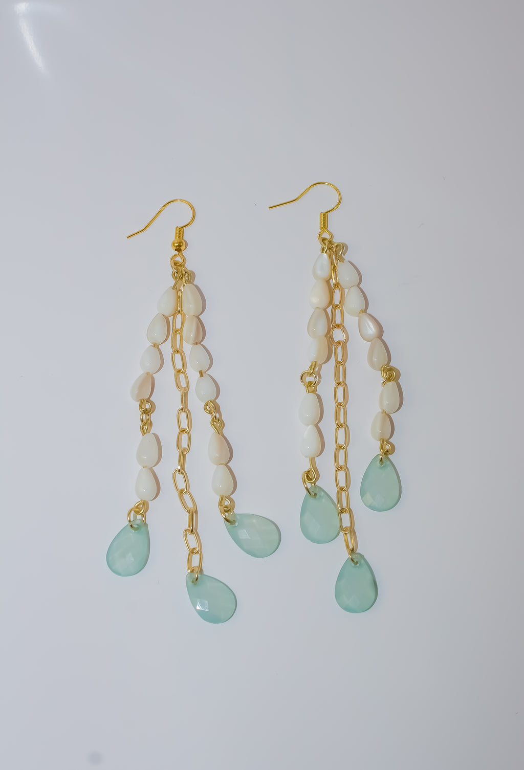 Gold Chandelier Earrings with Aqua Teardrop Chalcedony-Style Gemstones and Mother-of-Pearl