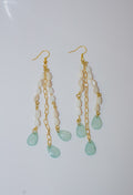 Gold Chandelier Earrings with Aqua Teardrop Chalcedony-Style Gemstones and Mother-of-Pearl