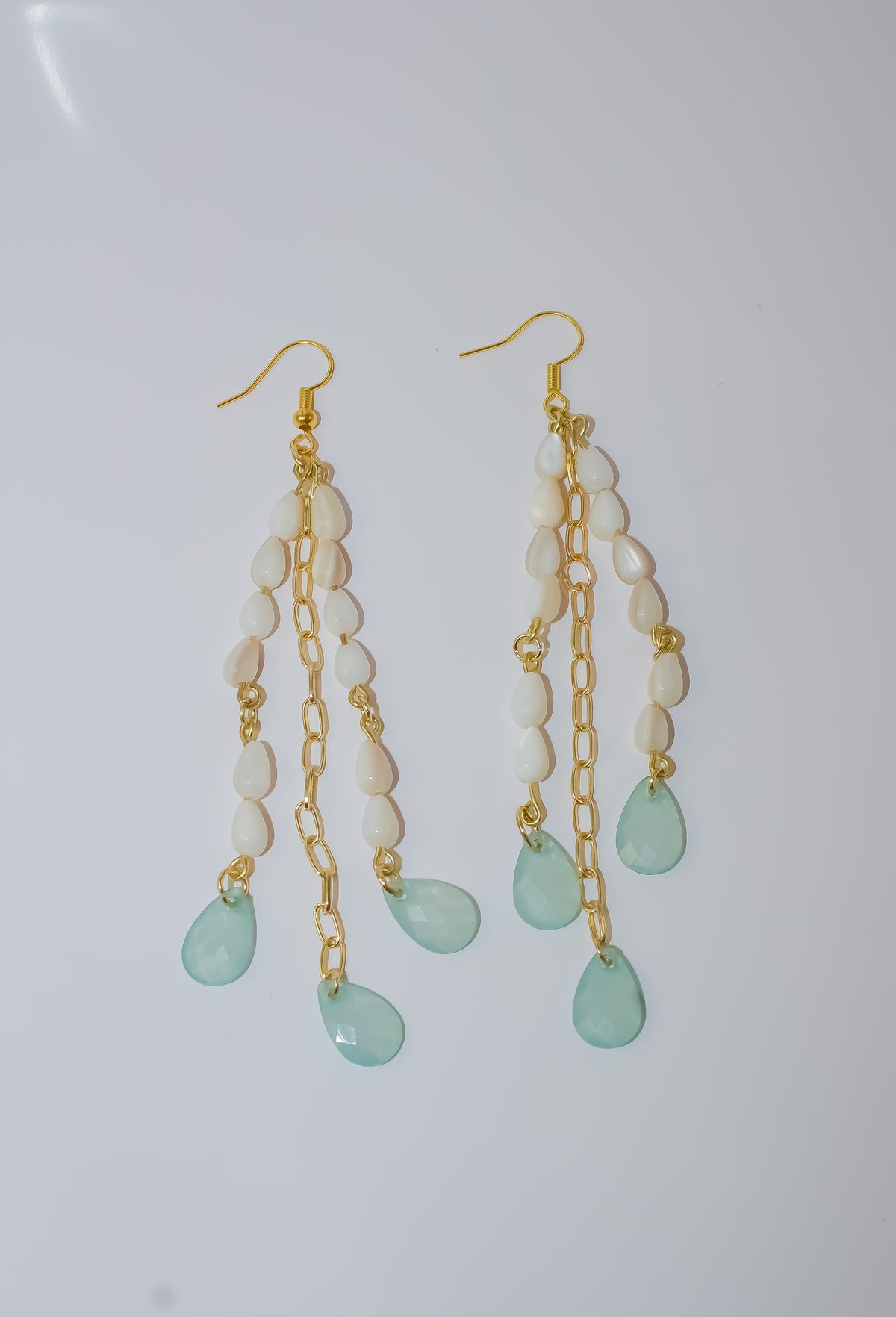Gold Chandelier Earrings with Aqua Teardrop Chalcedony-Style Gemstones and Mother-of-Pearl