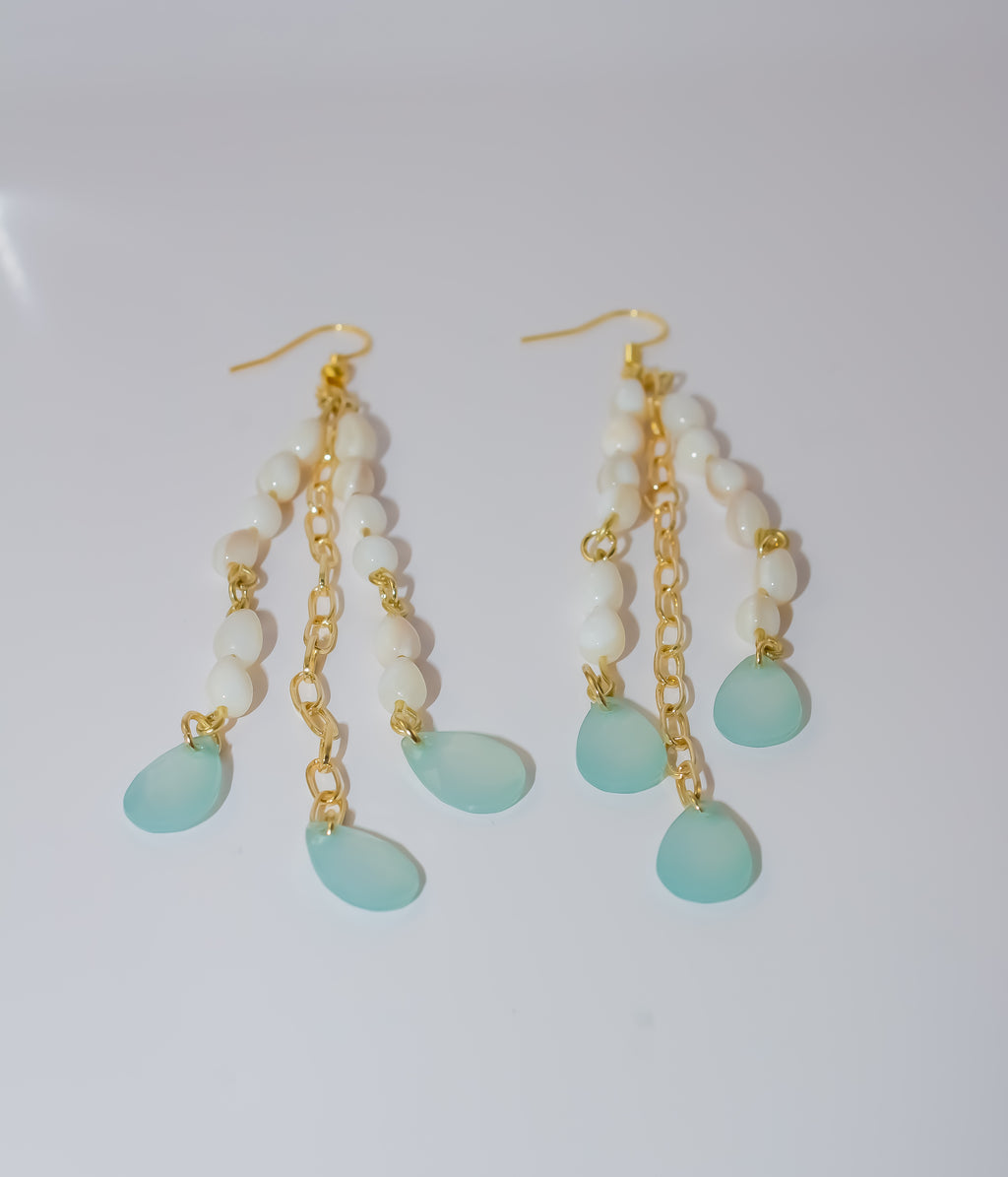 Gold Chandelier Earrings with Aqua Teardrop Chalcedony-Style Gemstones and Mother-of-Pearl