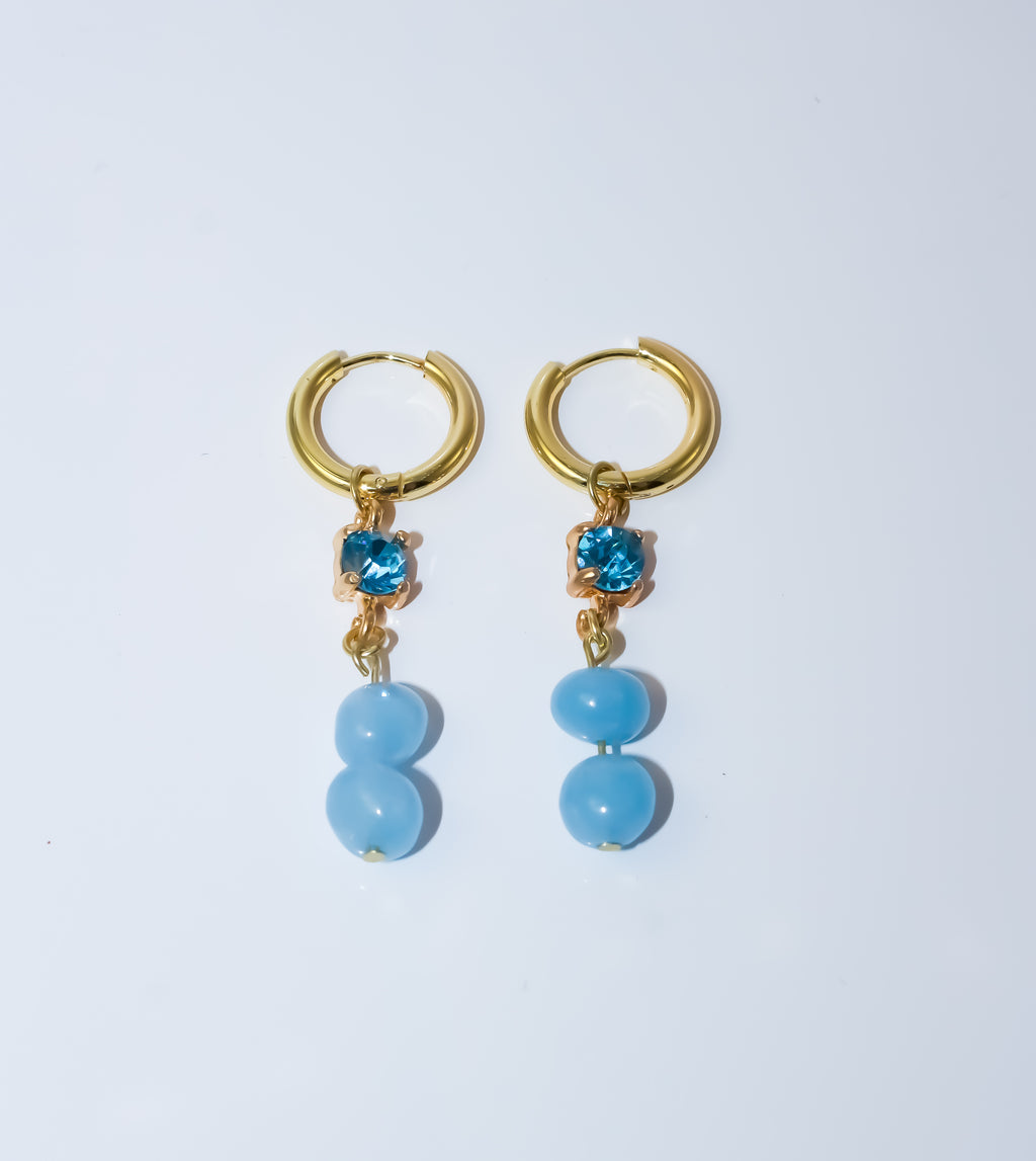 Gold Huggie Hoop Earrings with Sky Blue Crystal and Blue Agate Gemstone Drop