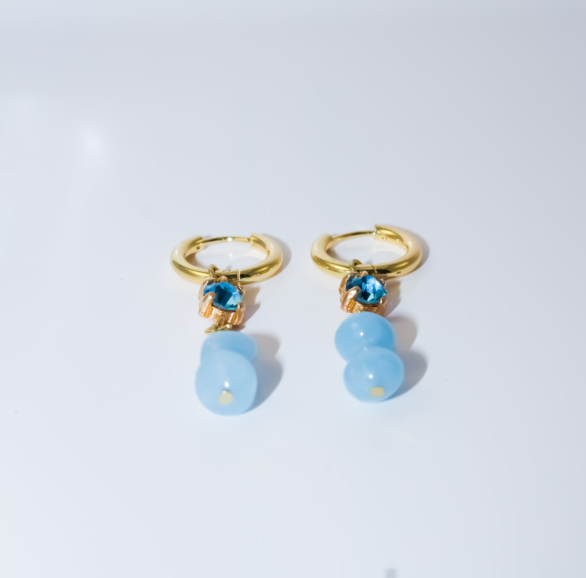 Gold Huggie Hoop Earrings with Sky Blue Crystal and Blue Agate Gemstone Drop