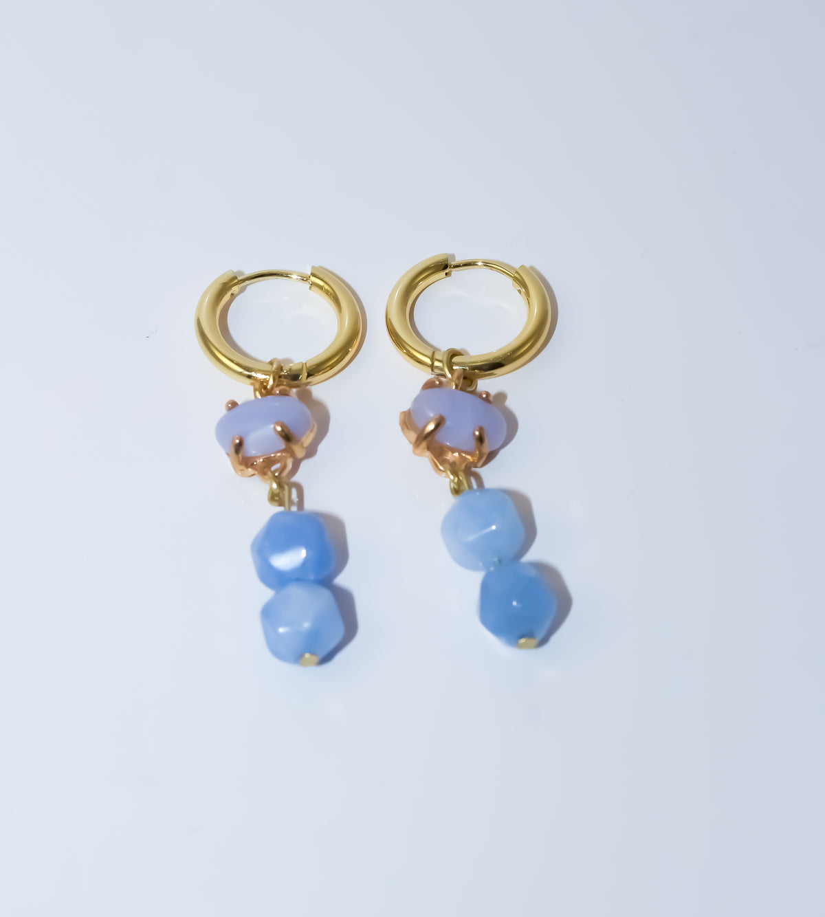 Gold Huggie Hoop Earrings with Periwinkle Blue Gemstone Drop