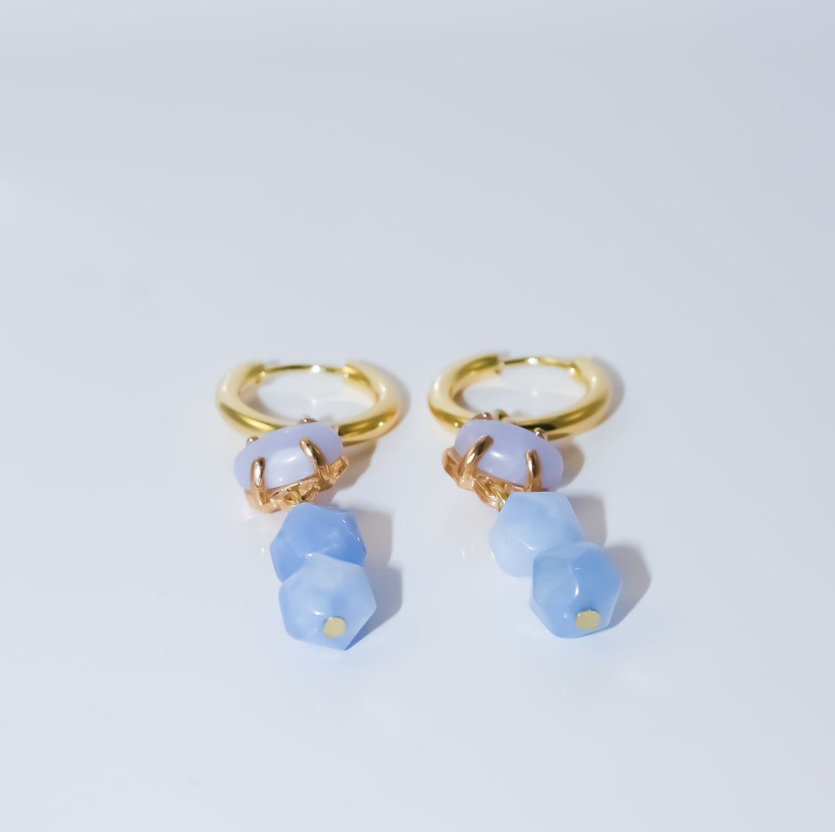 Gold Huggie Hoop Earrings with Periwinkle Blue Gemstone Drop