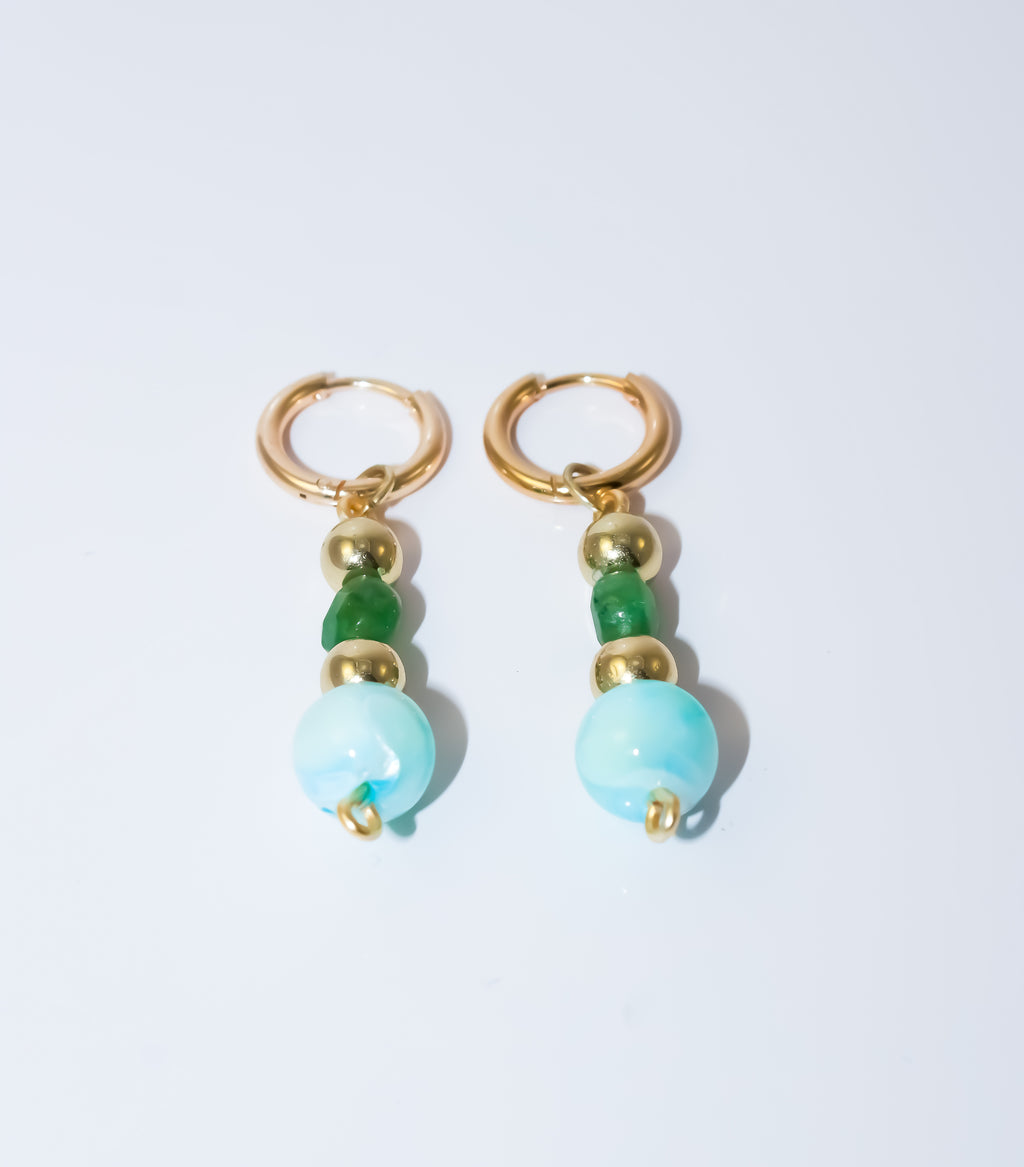 Gold Huggie Hoop Earrings with Green Gemstone and Aqua Marbled Bead Drop