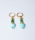 Gold Huggie Hoop Earrings with Green Gemstone and Aqua Marbled Bead Drop