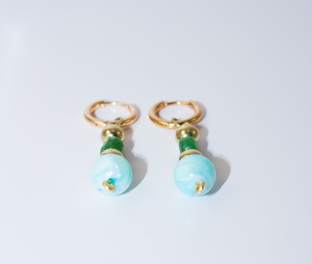 Gold Huggie Hoop Earrings with Green Gemstone and Aqua Marbled Bead Drop
