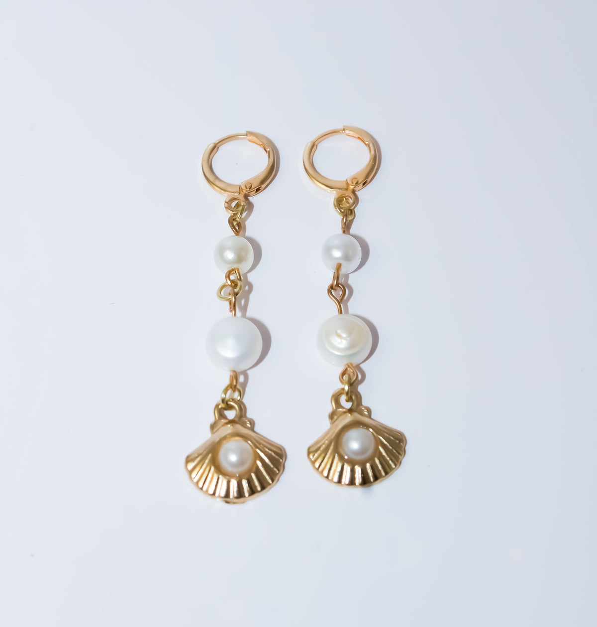 Gold Seashell Charm Earrings with Freshwater-Style Pearl Drops