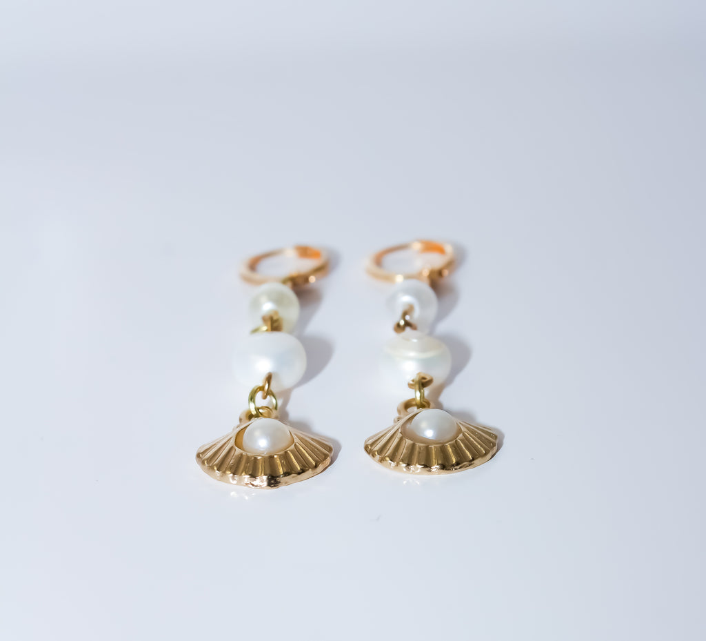 Gold Seashell Charm Earrings with Freshwater-Style Pearl Drops