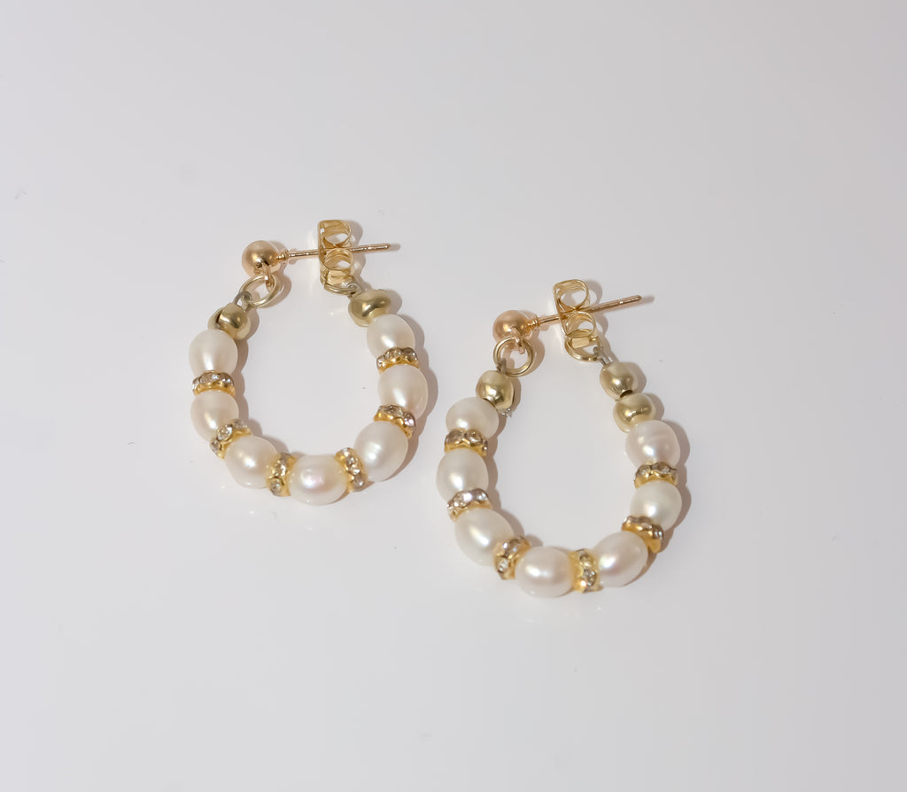 Freshwater-Style Pearl Hoop Earrings with Gold Crystal Rondelles