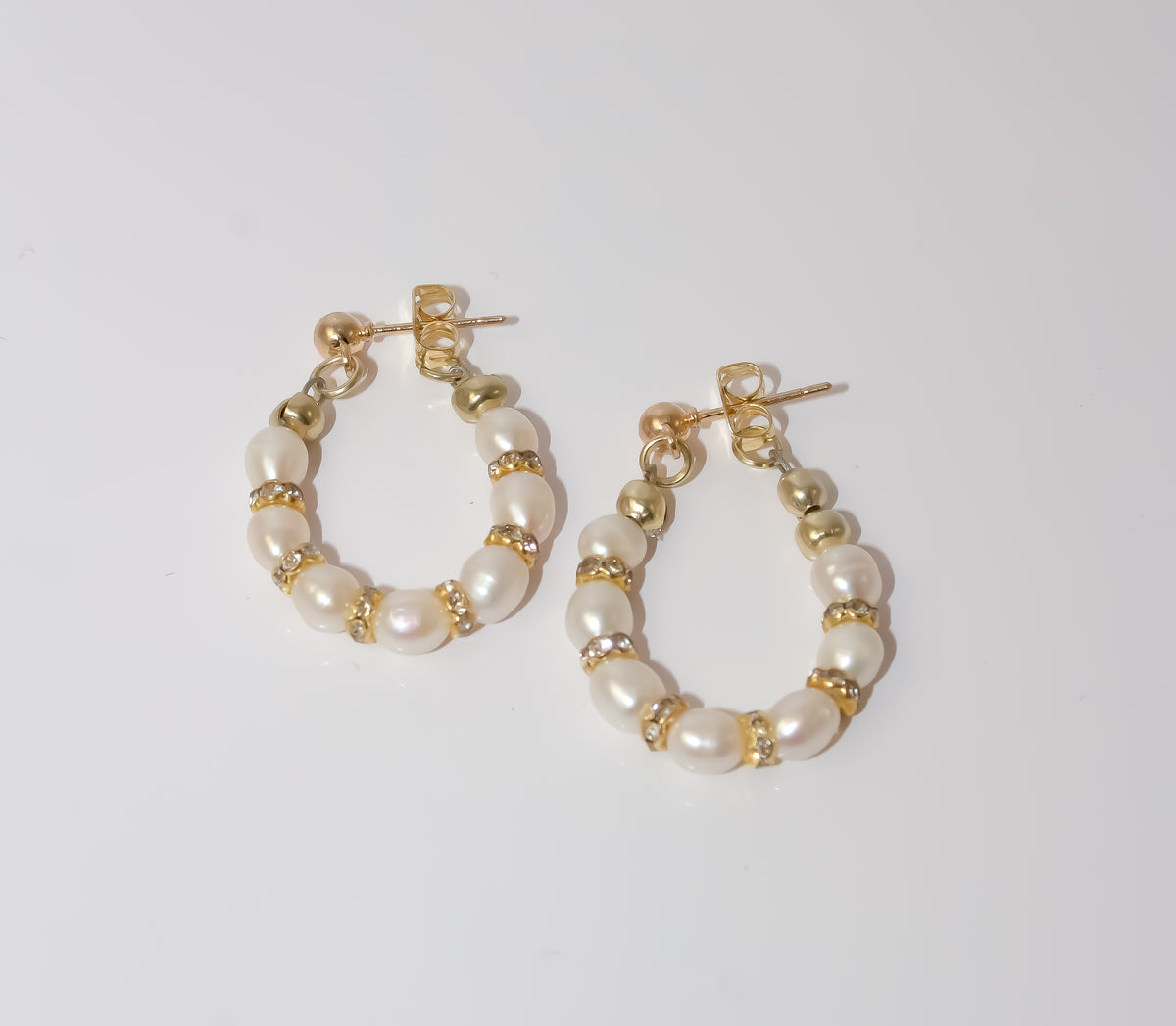 Freshwater-Style Pearl Hoop Earrings with Gold Crystal Rondelles
