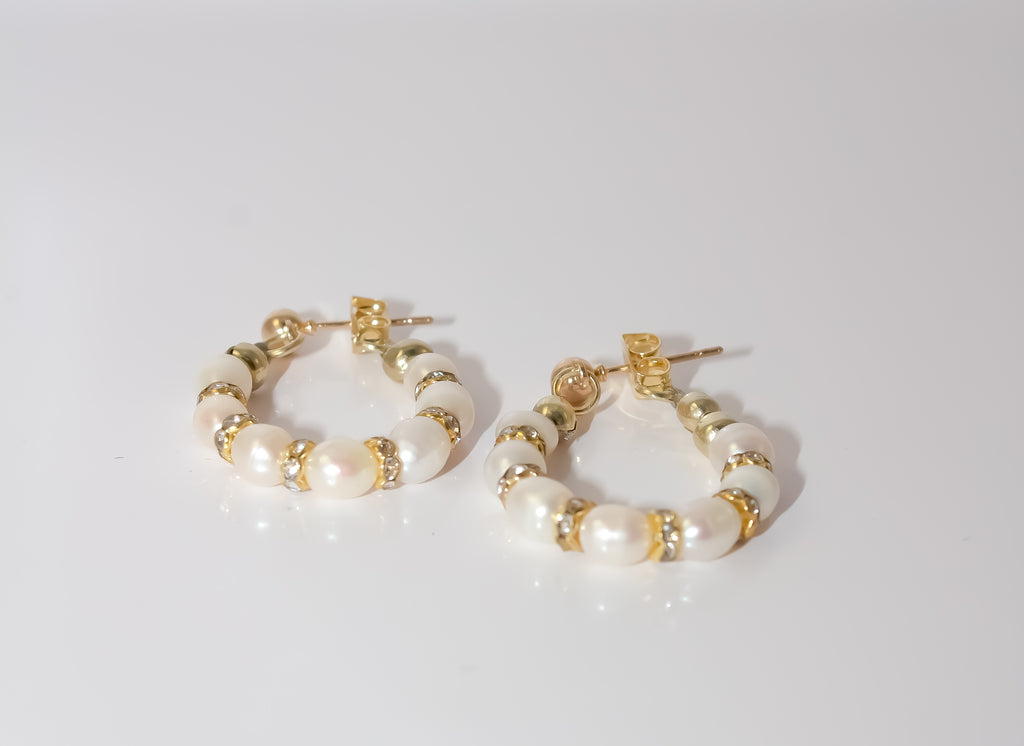 Freshwater-Style Pearl Hoop Earrings with Gold Crystal Rondelles