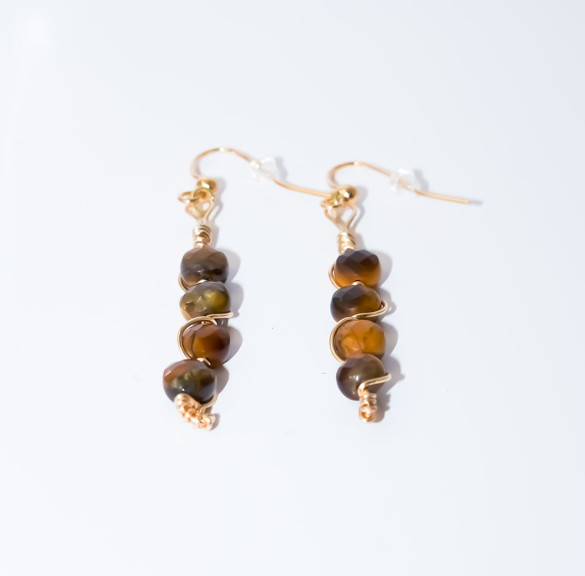 Gold Wire-Wrapped Tiger's Eye Dangle Earrings