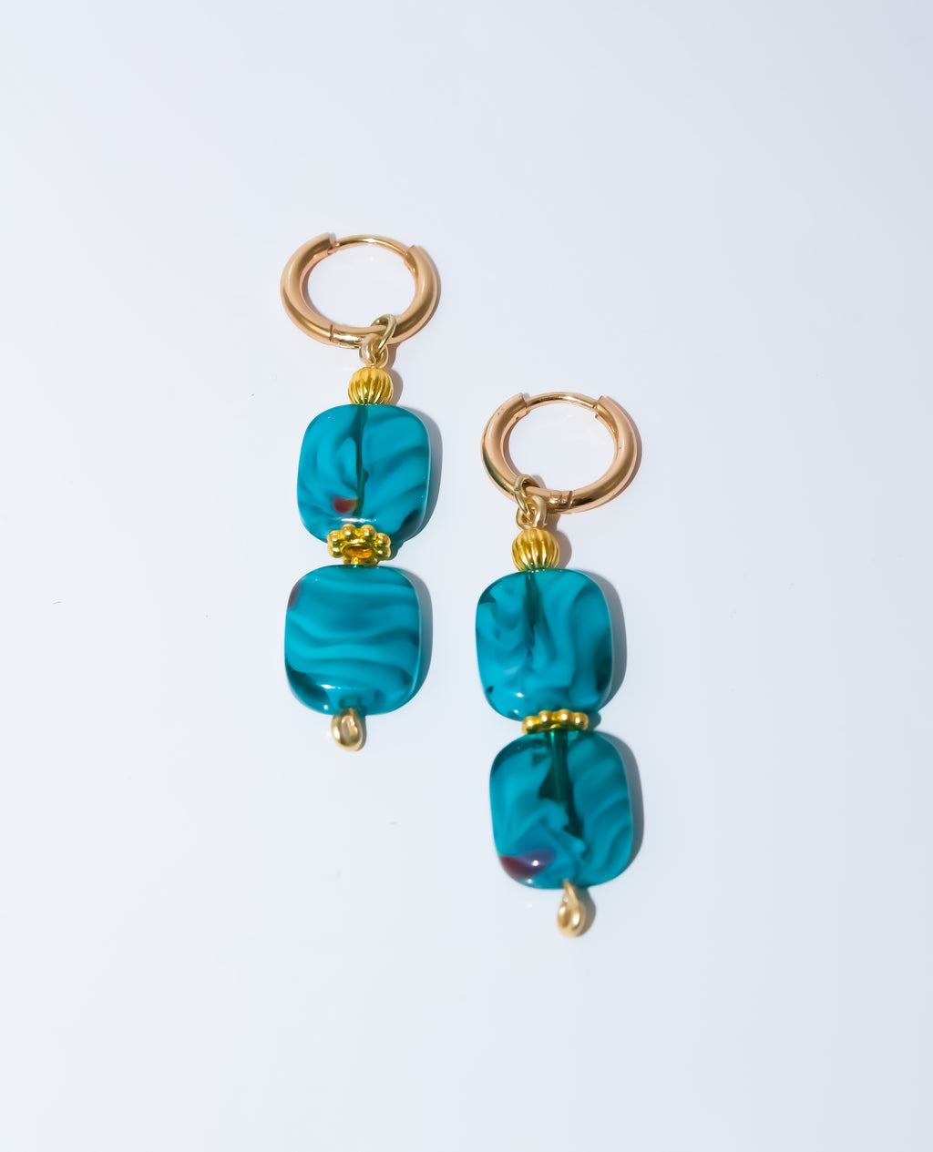 Gold Huggie Hoop Earrings with Teal Swirl Glass Bead Drop