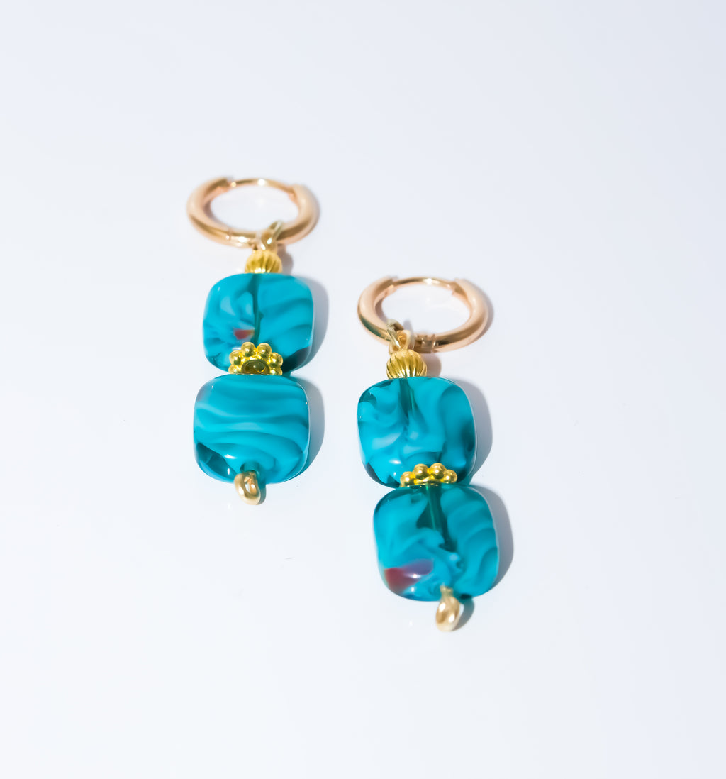 Gold Huggie Hoop Earrings with Teal Swirl Glass Bead Drop