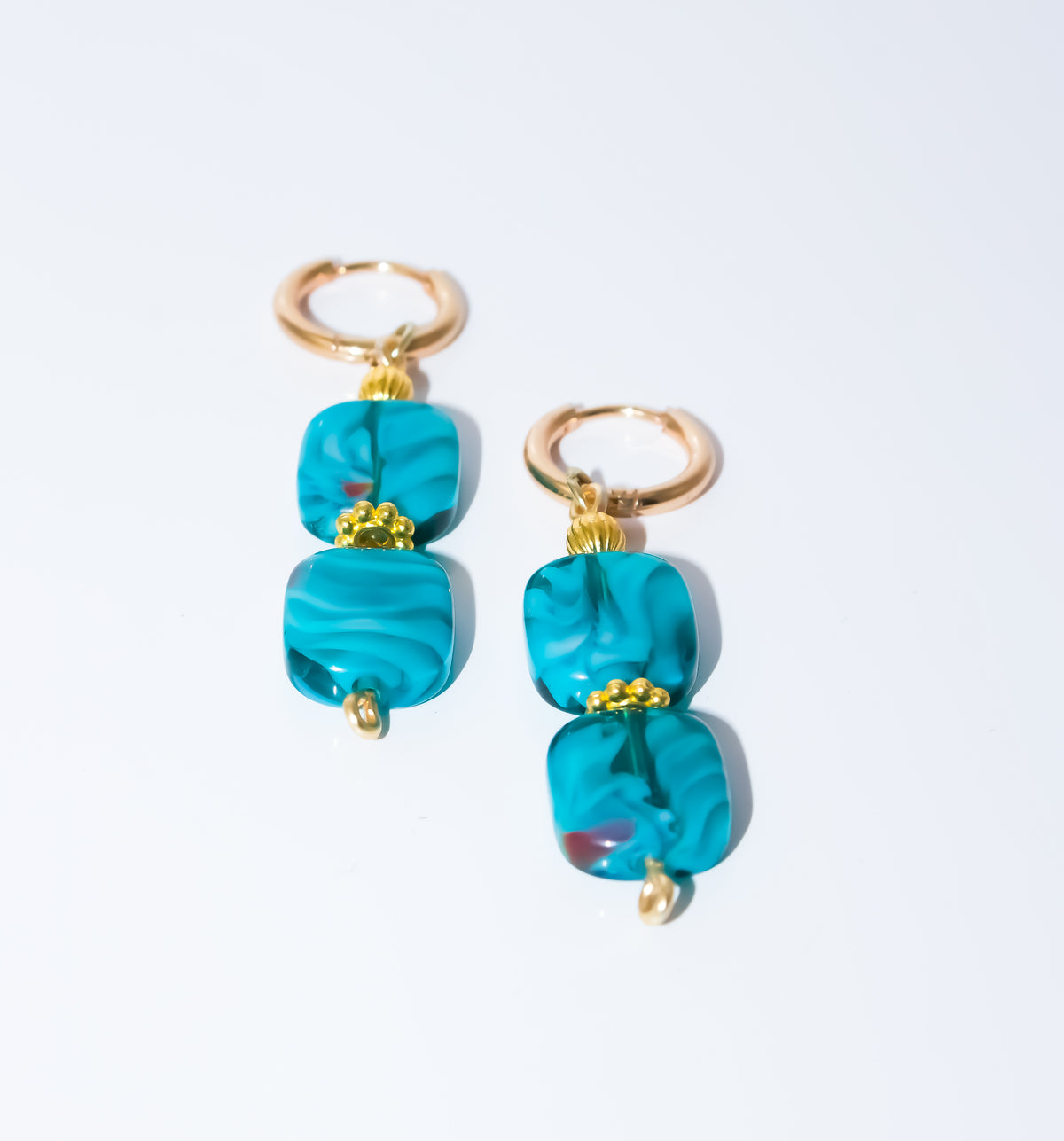 Gold Huggie Hoop Earrings with Teal Swirl Glass Bead Drop