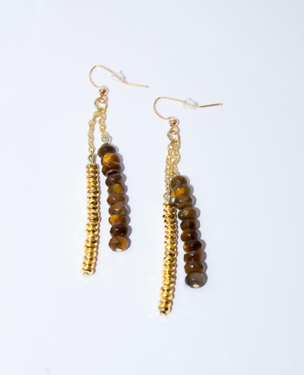 Gold and Tiger's Eye Beaded Bar Dangle Earrings