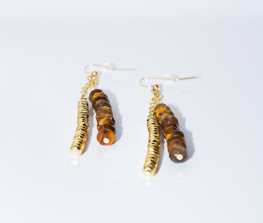 Gold and Tiger's Eye Beaded Bar Dangle Earrings