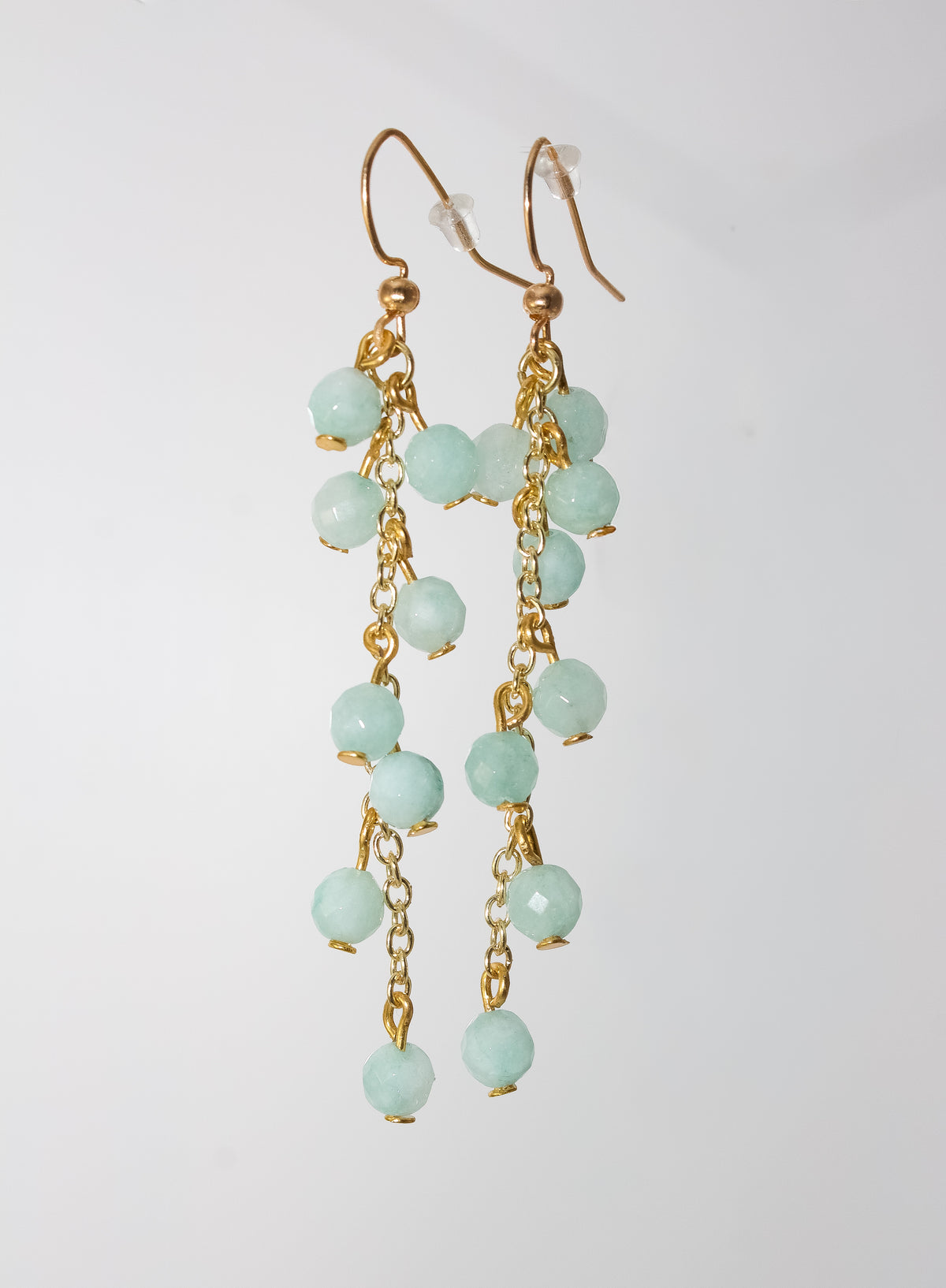 Gold Cascade Earrings with Aqua Amazonite-Style Gemstone Clusters