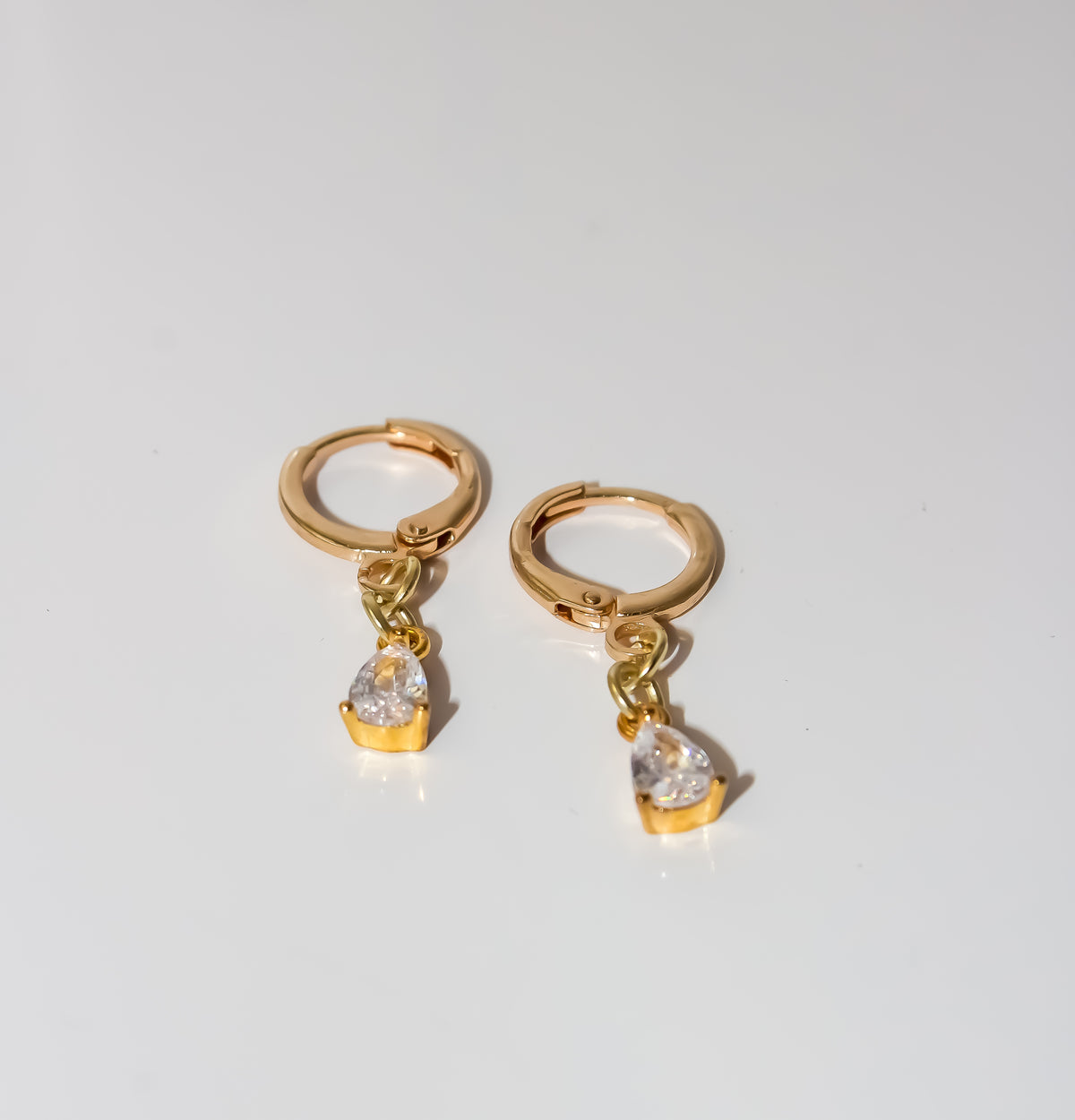 Gold Huggie Hoop Earrings with Teardrop Crystal Charm
