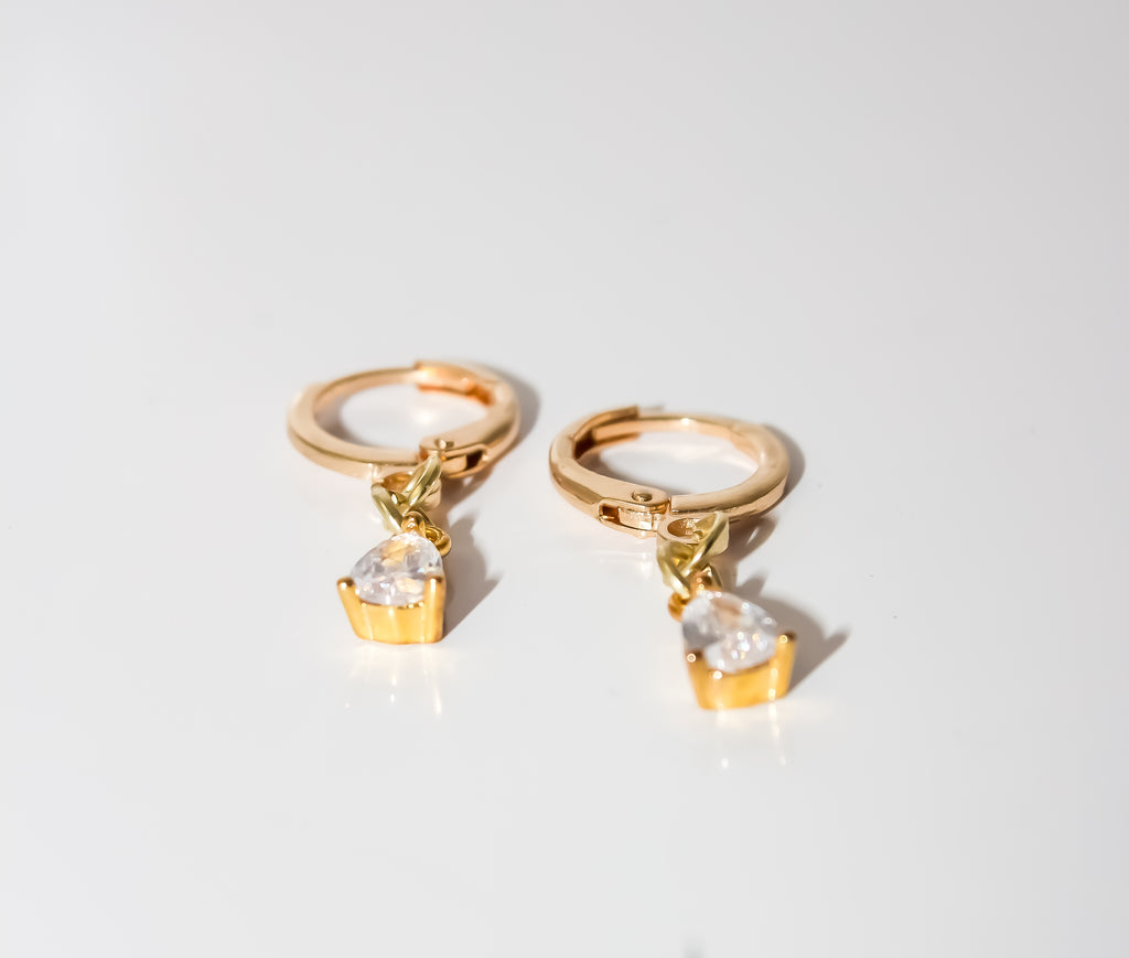 Gold Huggie Hoop Earrings with Teardrop Crystal Charm