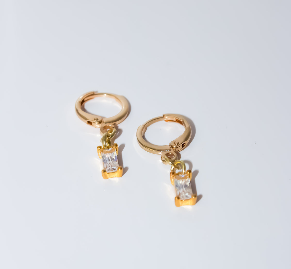 Gold Huggie Hoop Earrings with Baguette Crystal Charm