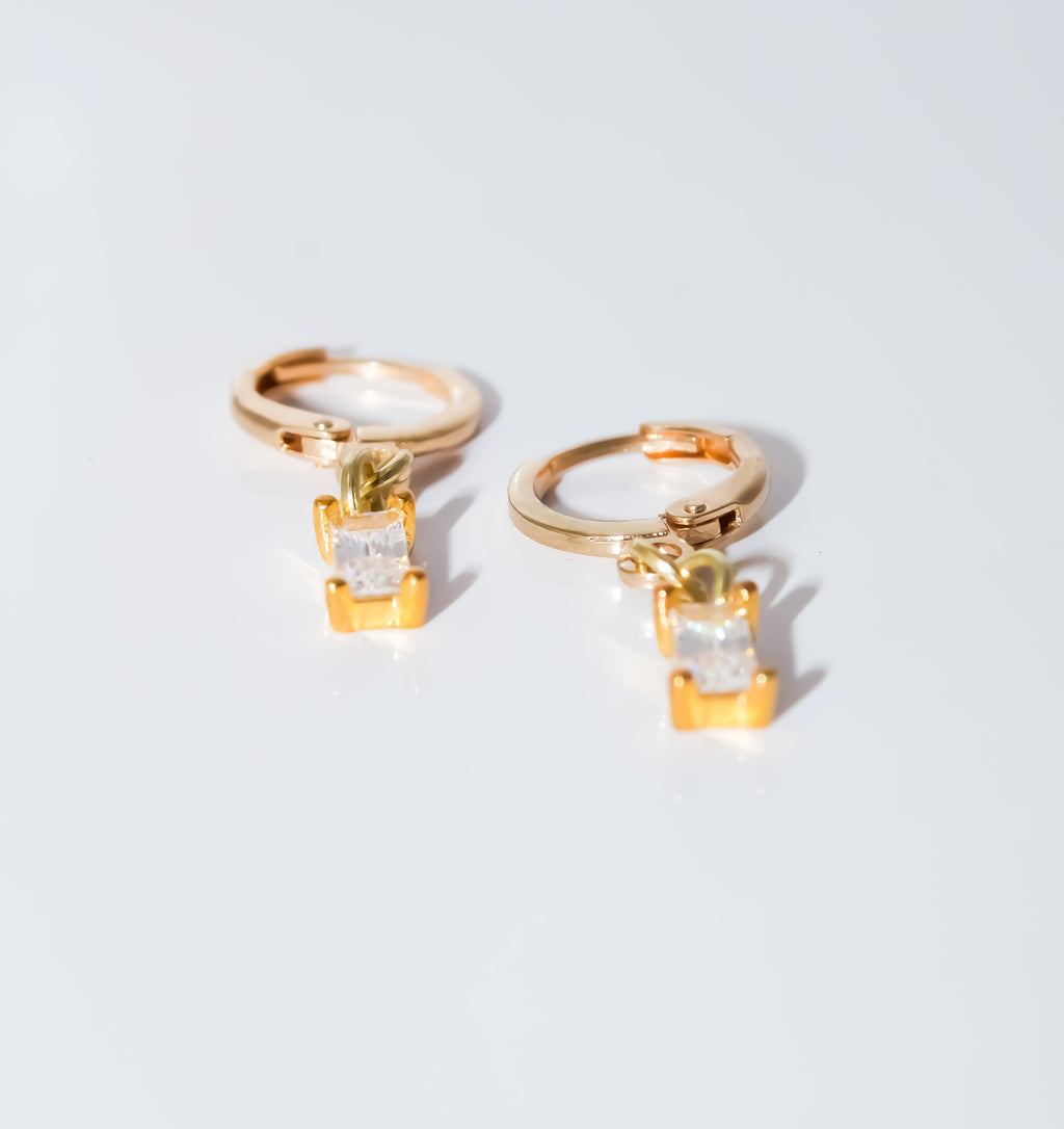 Gold Huggie Hoop Earrings with Baguette Crystal Charm