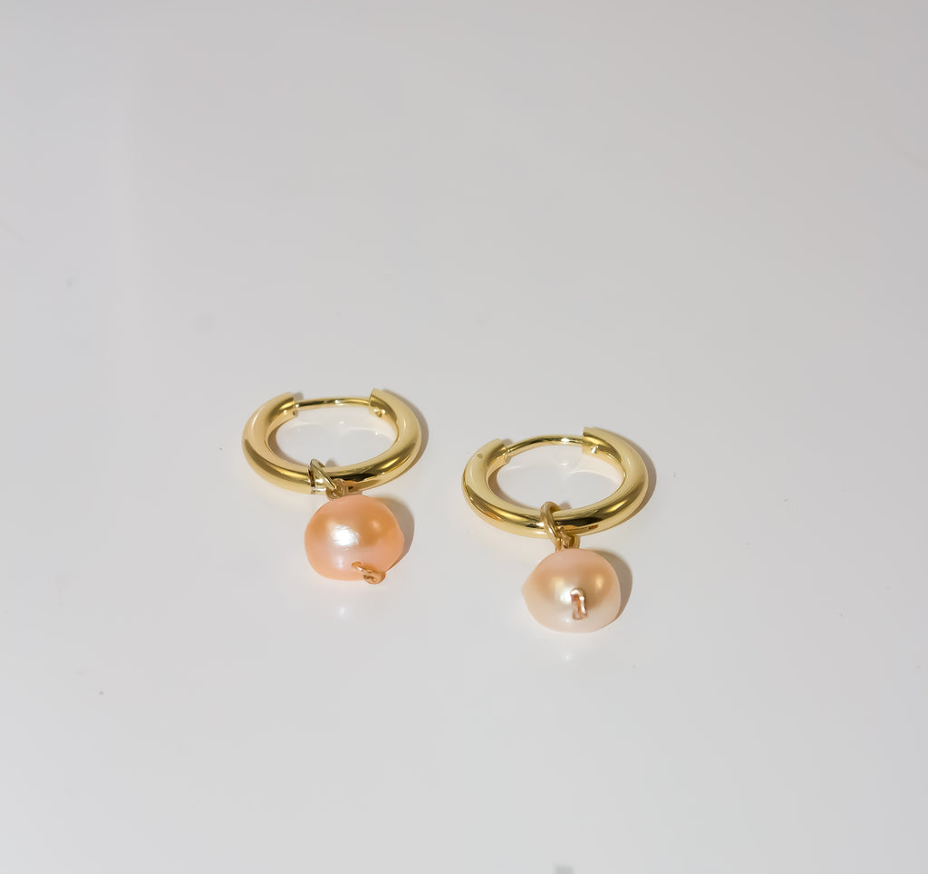 Gold Huggie Hoop Earrings with Peach Pearl Drop