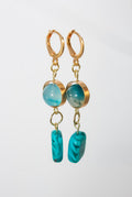 Gold Huggie Hoop Earrings with Teal Agate Orb and Swirl Glass Drop