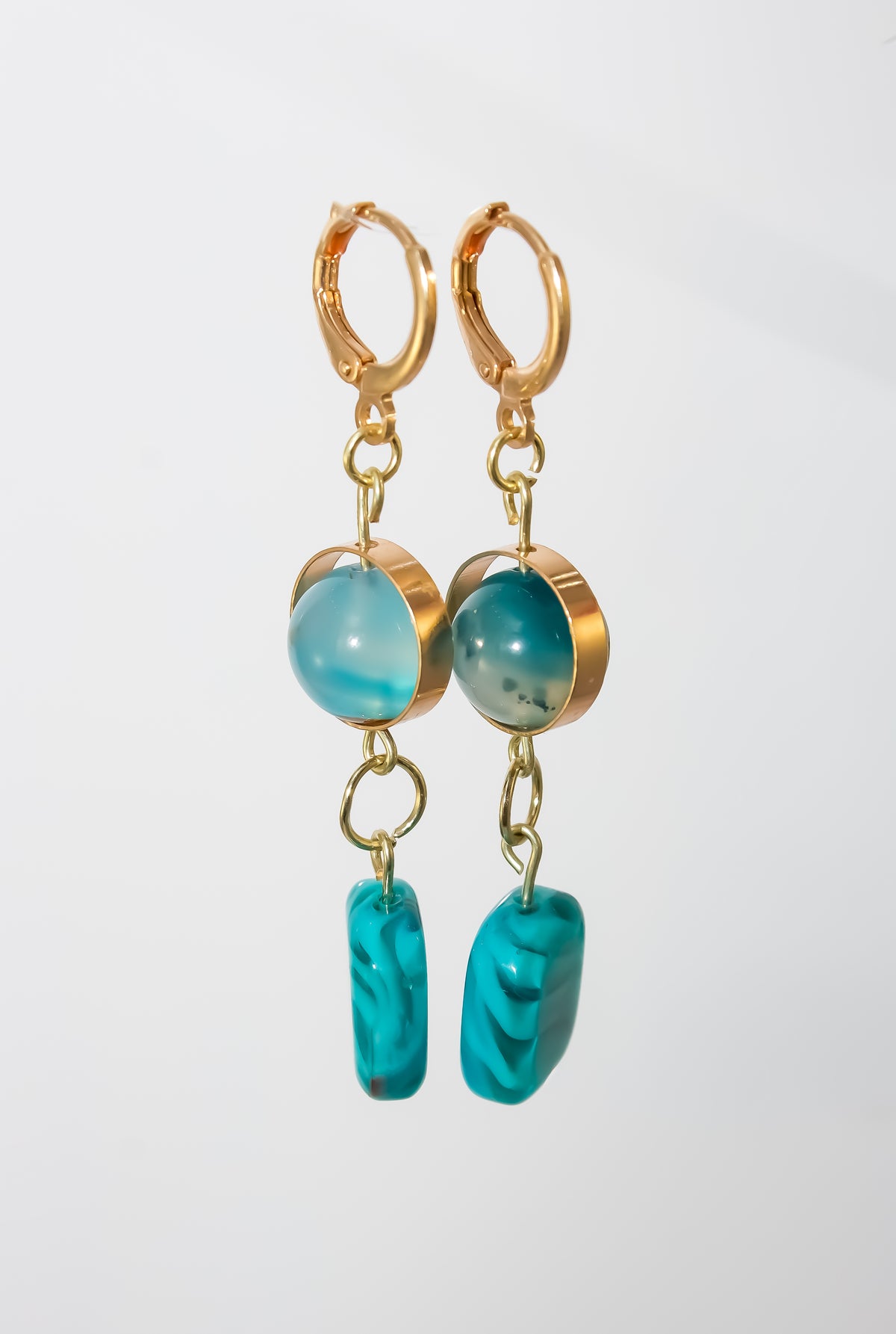 Gold Huggie Hoop Earrings with Teal Agate Orb and Swirl Glass Drop