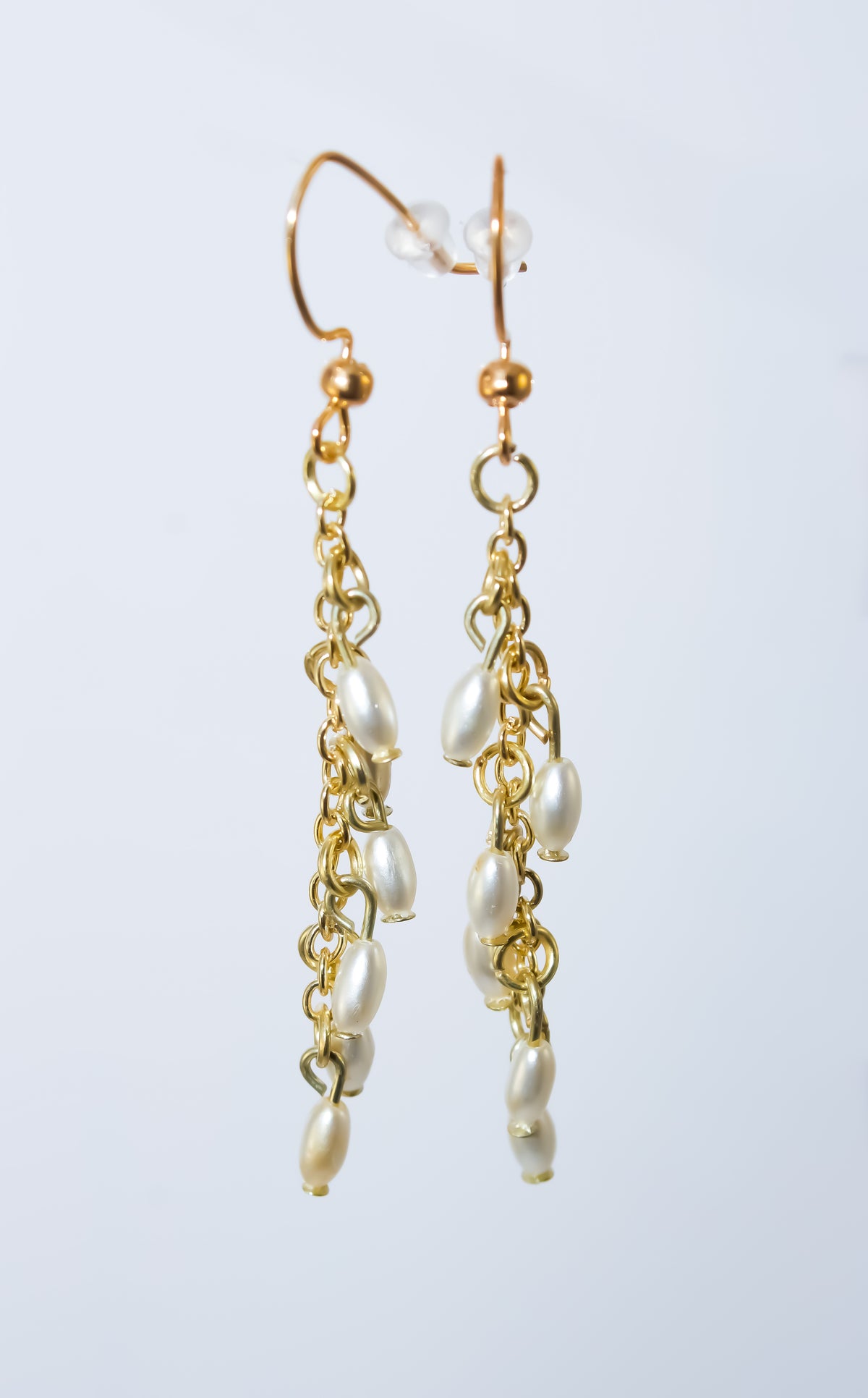 Gold Chain Cascade Earrings with Rice Pearl Clusters