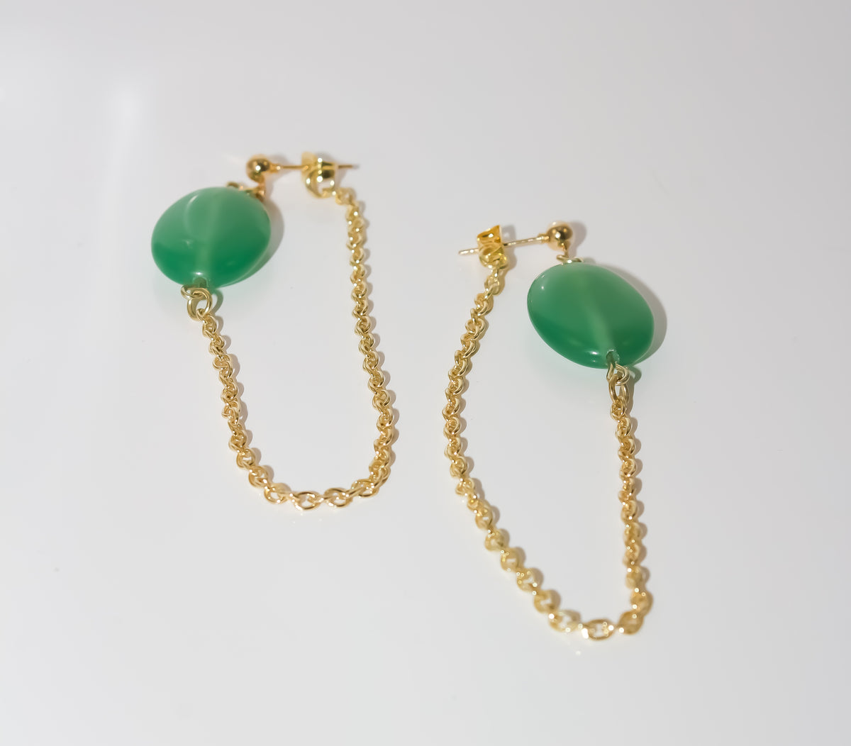 Gold Chain Loop Stud Earrings with Green Aventurine Drop