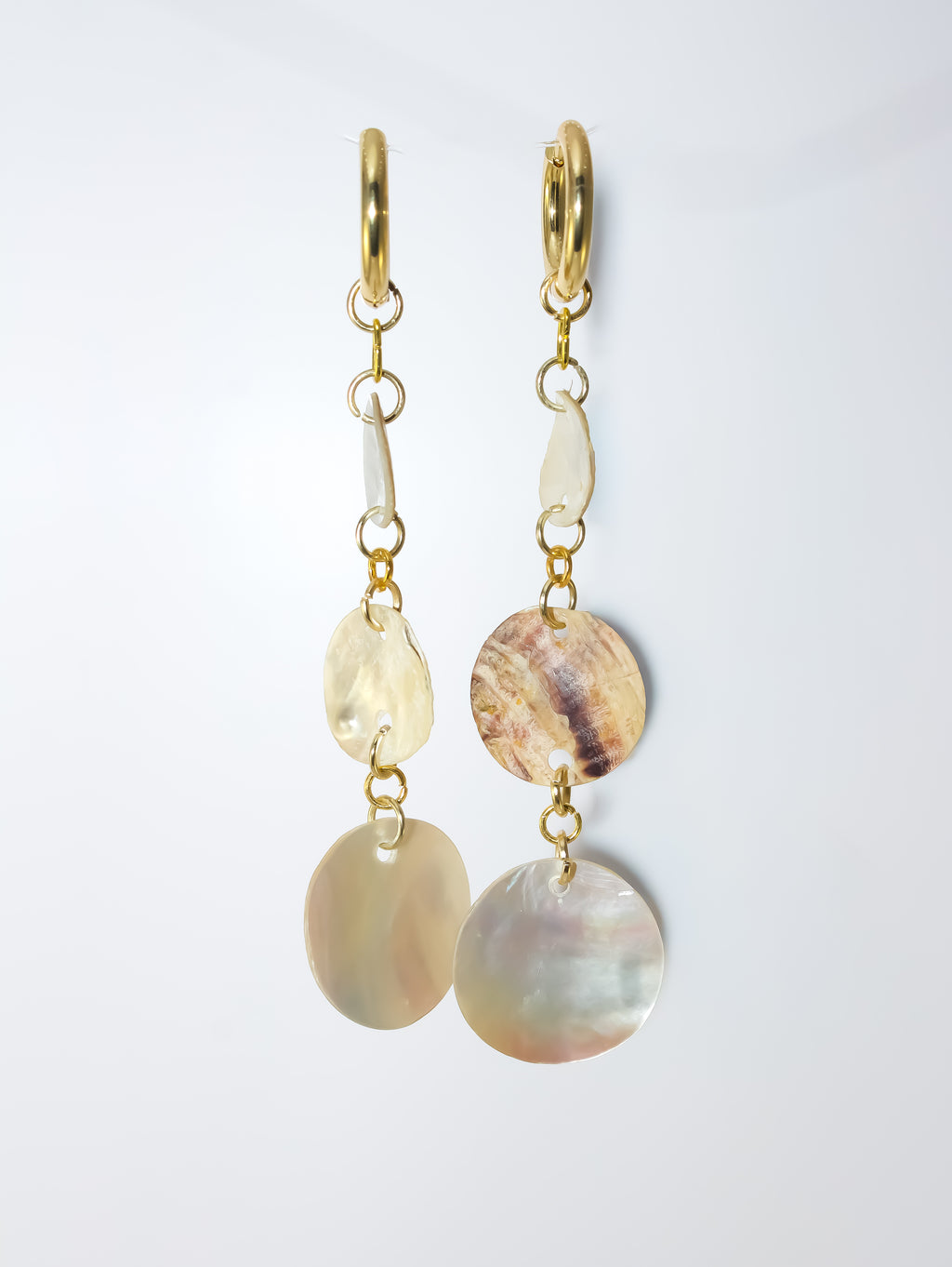 Gold Huggie Hoop Earrings with Mother-of-Pearl Shell Discs