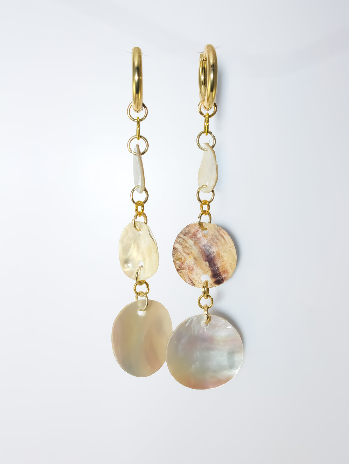 Gold Huggie Hoop Earrings with Mother-of-Pearl Shell Discs