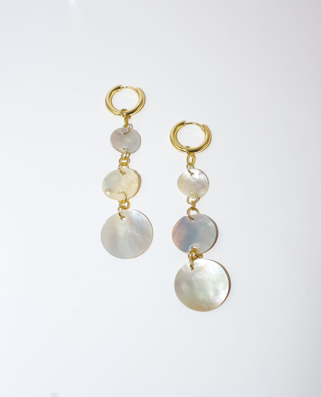 Gold Huggie Hoop Earrings with Mother-of-Pearl Shell Discs