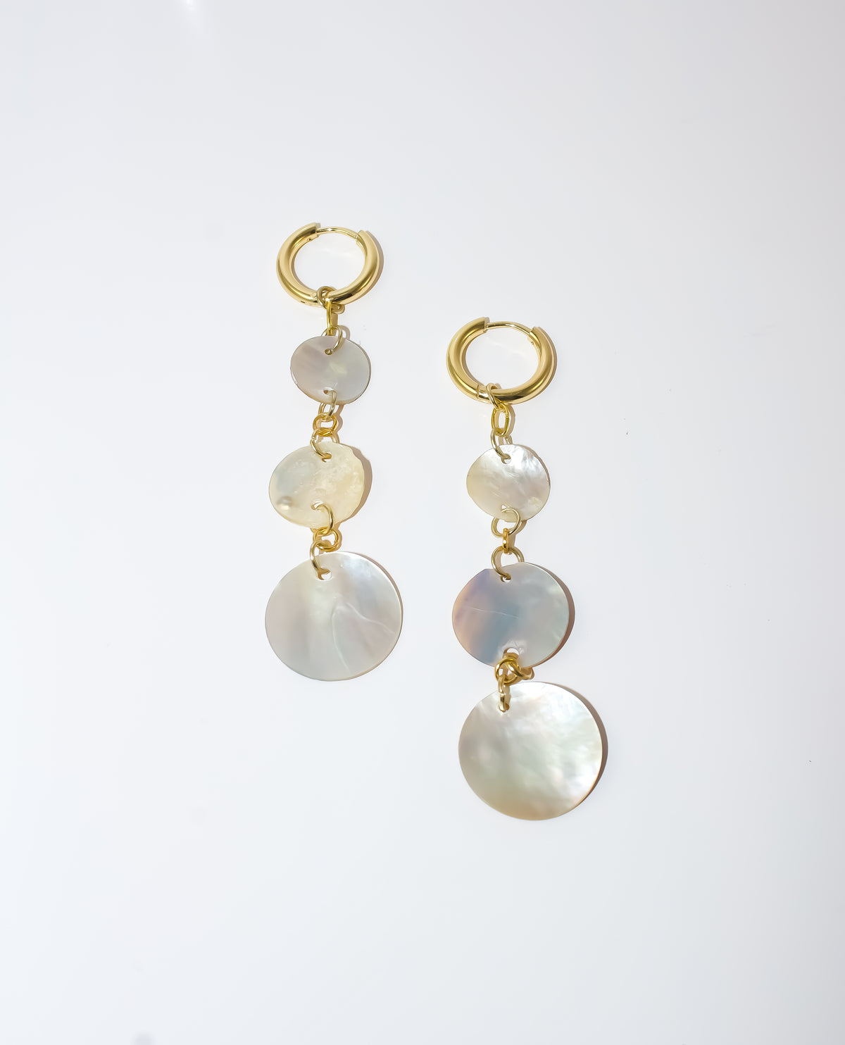 Gold Huggie Hoop Earrings with Mother-of-Pearl Shell Discs