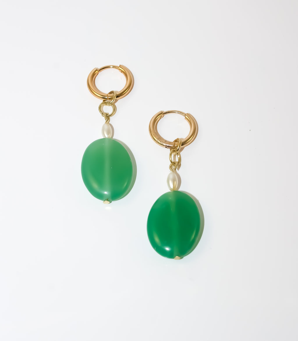 Gold Huggie Hoop Earrings with Green Agate Oval and Rice Pearl