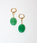 Gold Huggie Hoop Earrings with Green Agate Oval and Rice Pearl