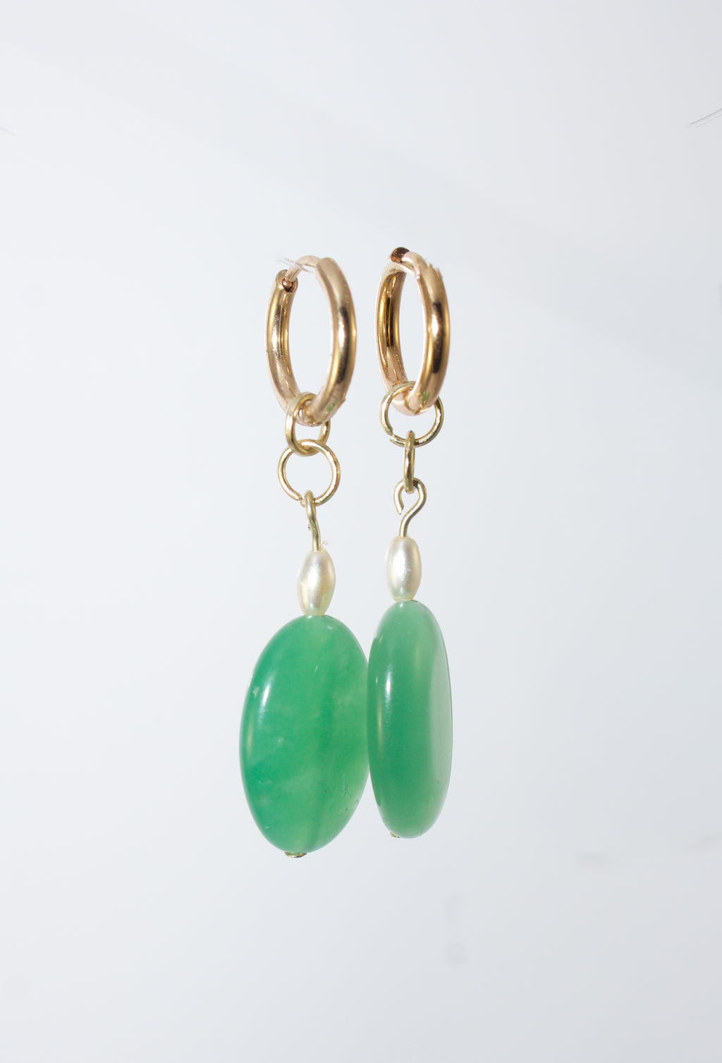 Gold Huggie Hoop Earrings with Green Agate Oval and Rice Pearl