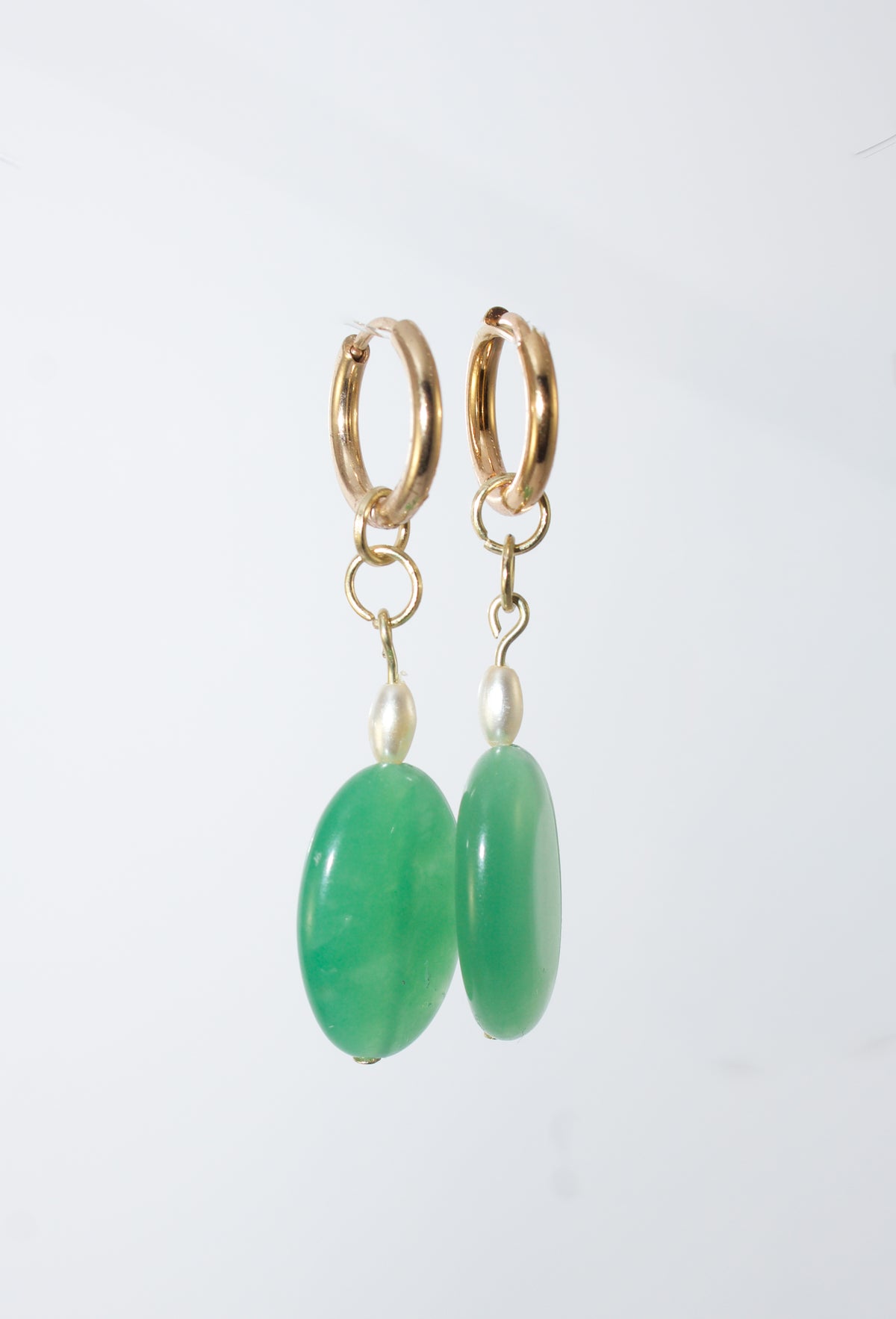 Gold Huggie Hoop Earrings with Green Agate Oval and Rice Pearl