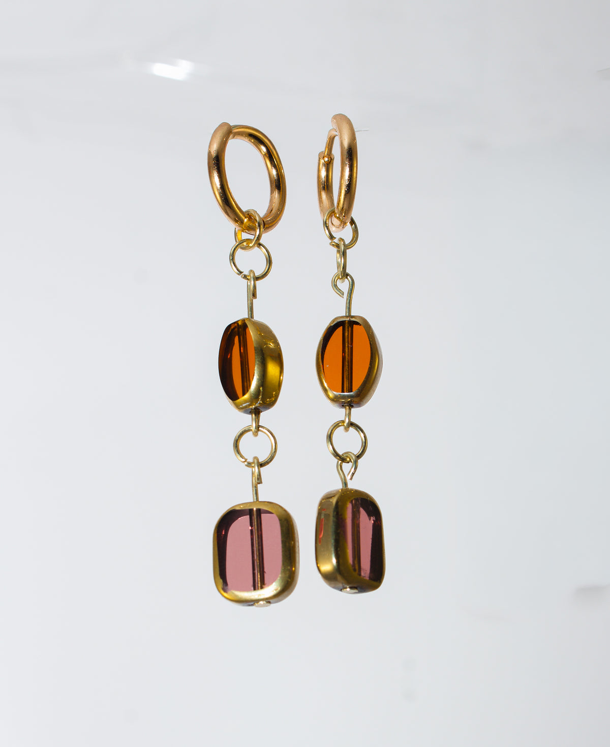 Gold Huggie Hoop Earrings with Amber Glass Beads