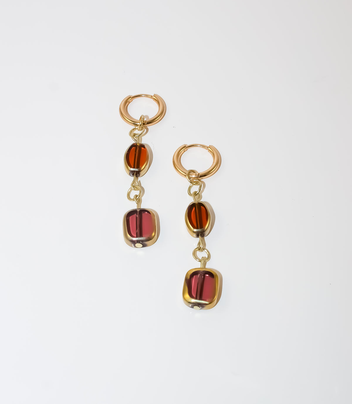Gold Huggie Hoop Earrings with Amber Glass Beads