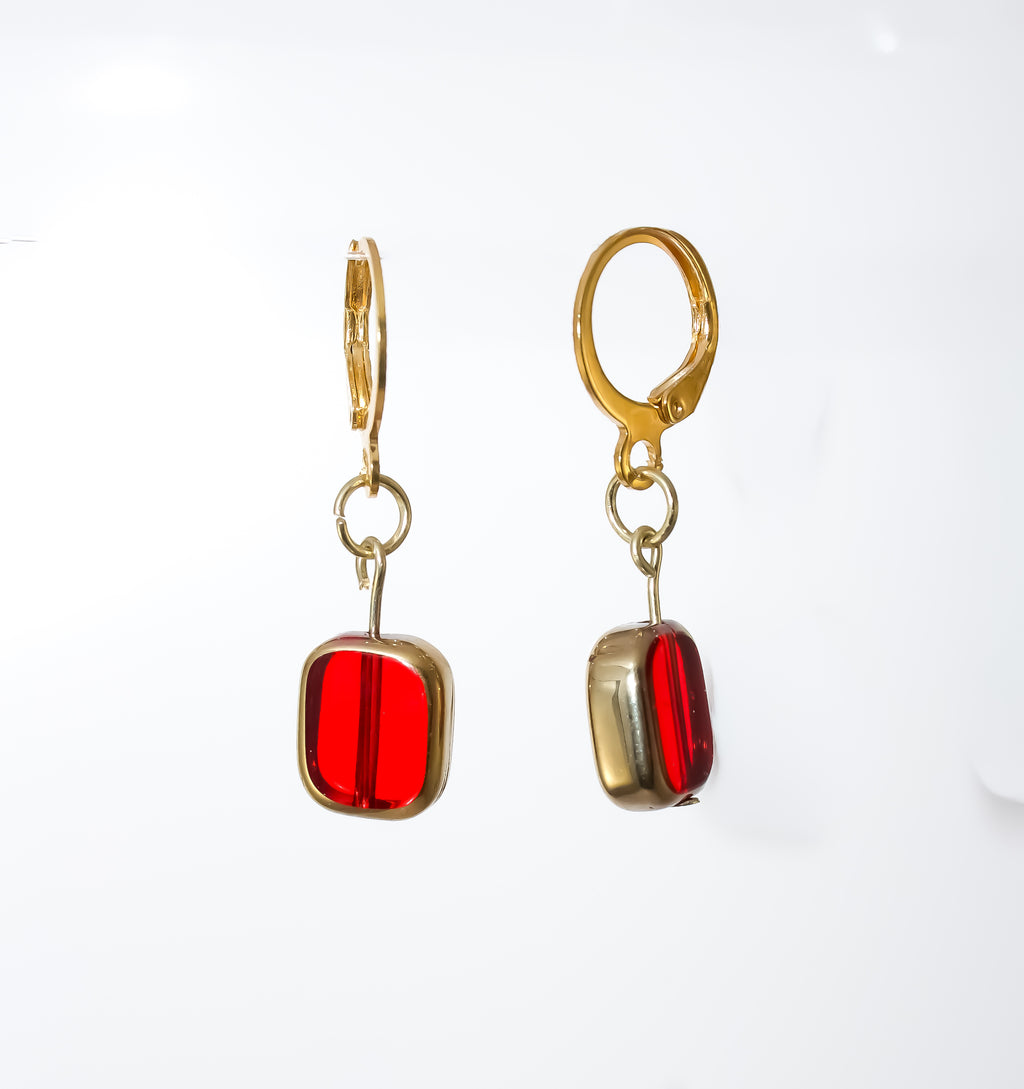 Gold Huggie Hoop Earrings with Ruby Red Glass Drop