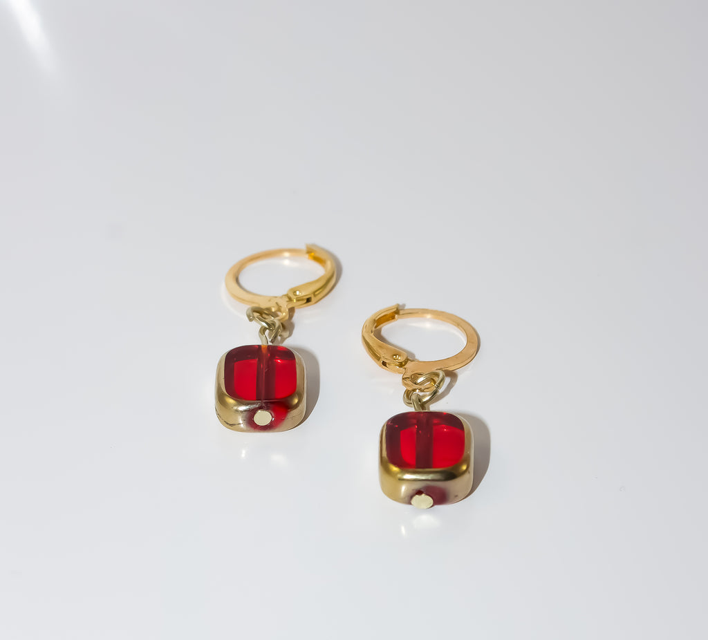Gold Huggie Hoop Earrings with Ruby Red Glass Drop