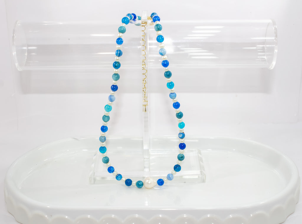 Handcrafted Banded Blue Agate Necklace